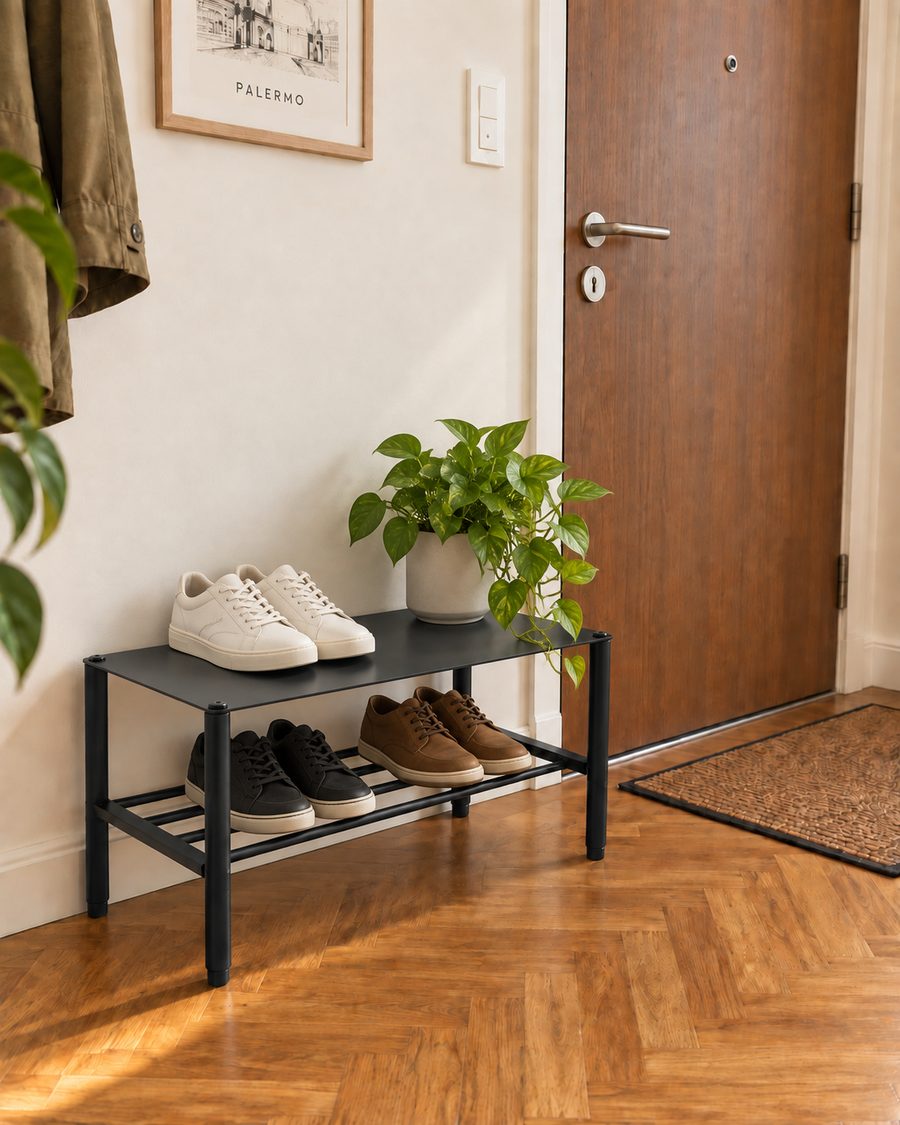 Zapatero DEGË negro al lado de la puerta de entrada, con zapatillas en la tapa y en el estante