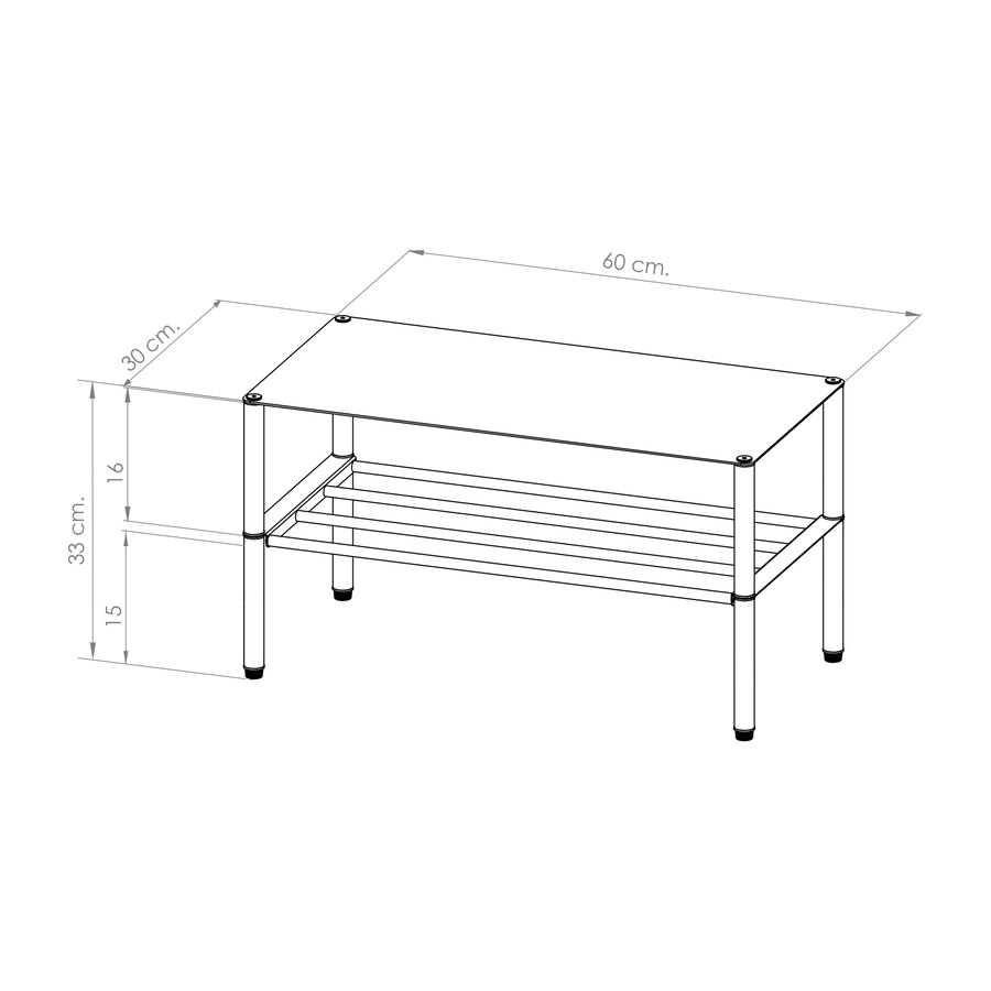 Plano acotado del zapatero: 60 × 30 cm, 33 cm de alto, estante a 15 cm del piso y 16 cm libres hasta la tapa